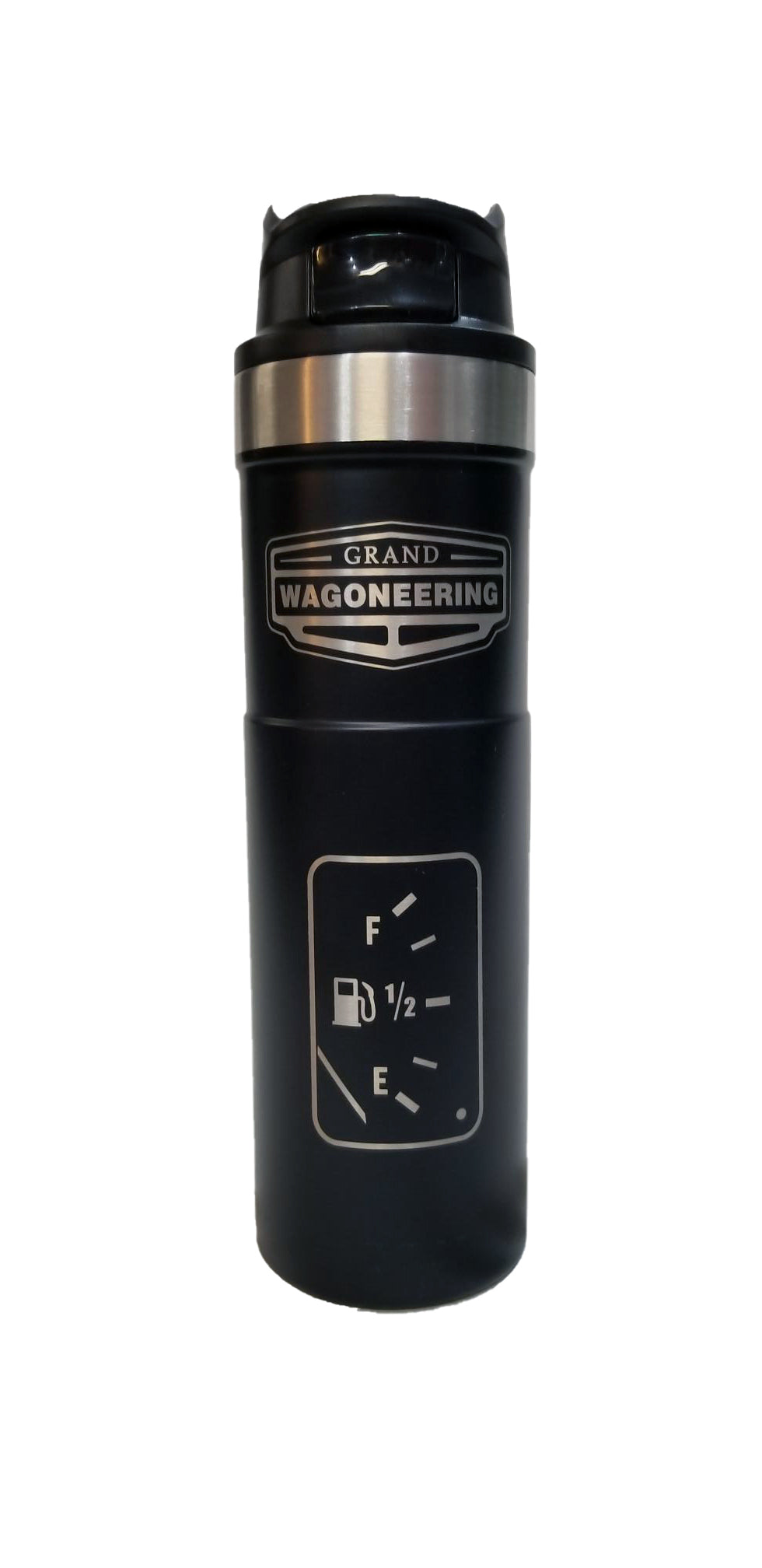 Grand Wagoneering 20 0z Trigger Action Travel Mug "Smiles Per Gallon" design