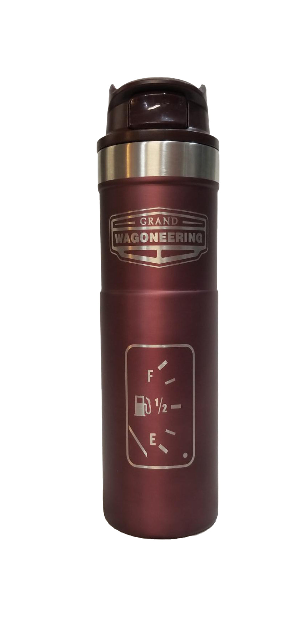 Grand Wagoneering 20 0z Trigger Action Travel Mug "Smiles Per Gallon" design