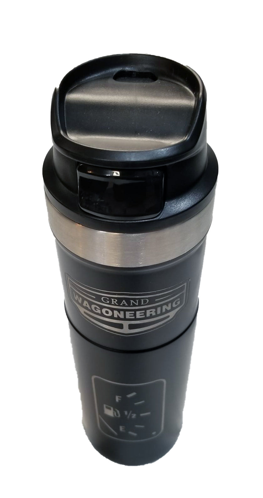 Grand Wagoneering 20 0z Trigger Action Travel Mug "Smiles Per Gallon" design